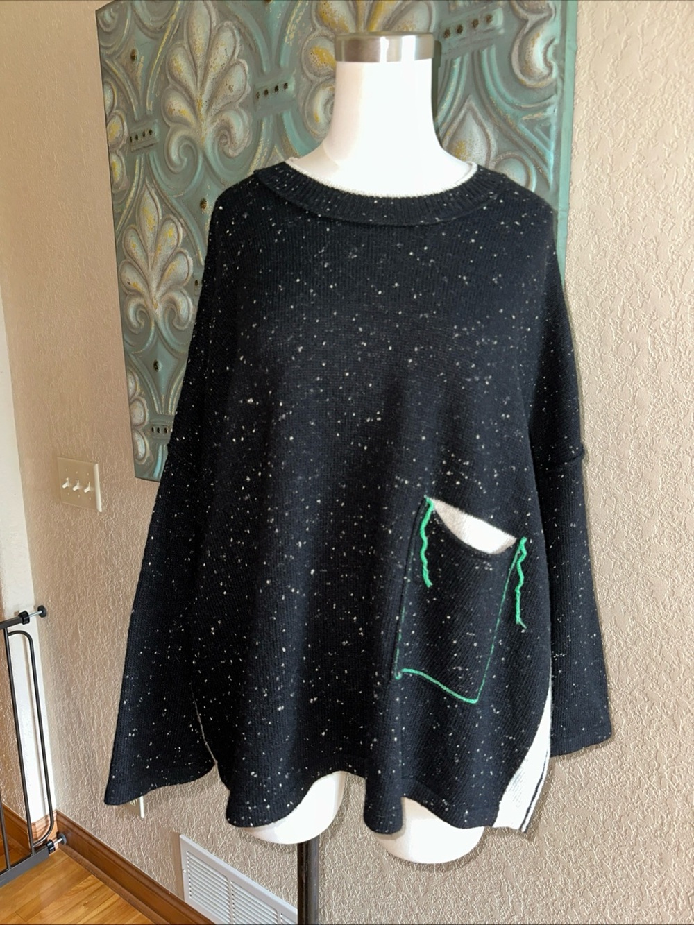 Zaket & Plover Lambswool Sweater XL Black Speckled Oversized Pocket Tunic